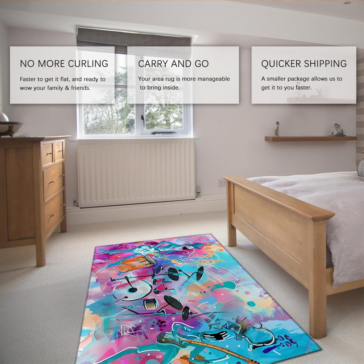 Colorful Graffiti Area Rug 4'x7' - Guitar and Drums Cartoon Painting Style Carpet Music Lover Indoor Mat for Bedroom Living Room