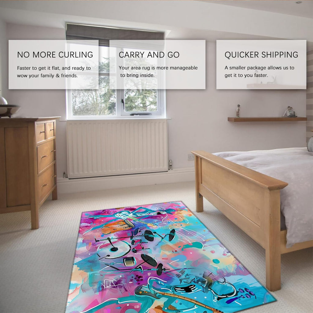 Colorful Graffiti Area Rug 4'x8' - Guitar and Drums Cartoon Painting Style Carpet Music Lover Indoor Mat for Bedroom Living Room