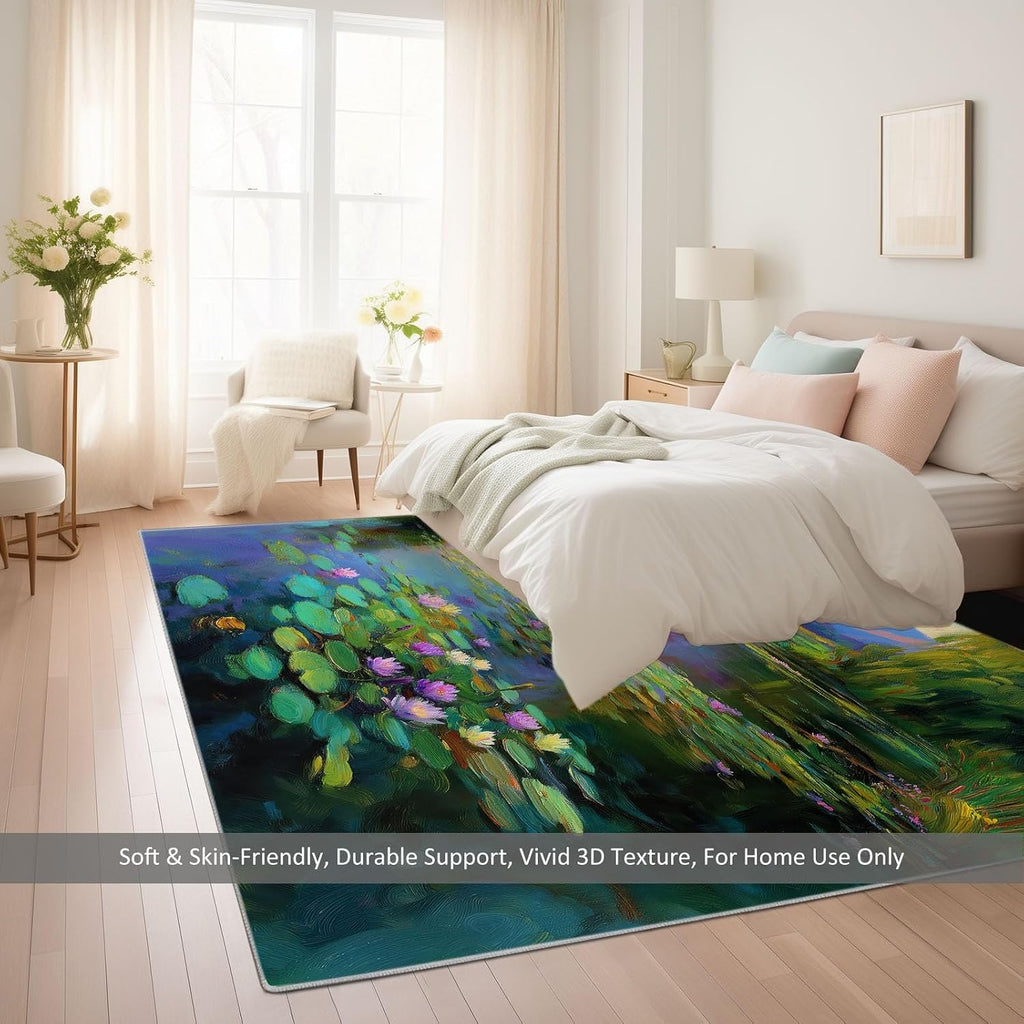 Oil Painting Area Rug 5 x 7 ft for Living Room Bedroom, Pond Mountains Lotus Leaves Willow Trees Indoor Washable Kitchen Carpet Non-Slip Low-Pile Carpet Lightweight Rug for Dining Room Bathroom Door