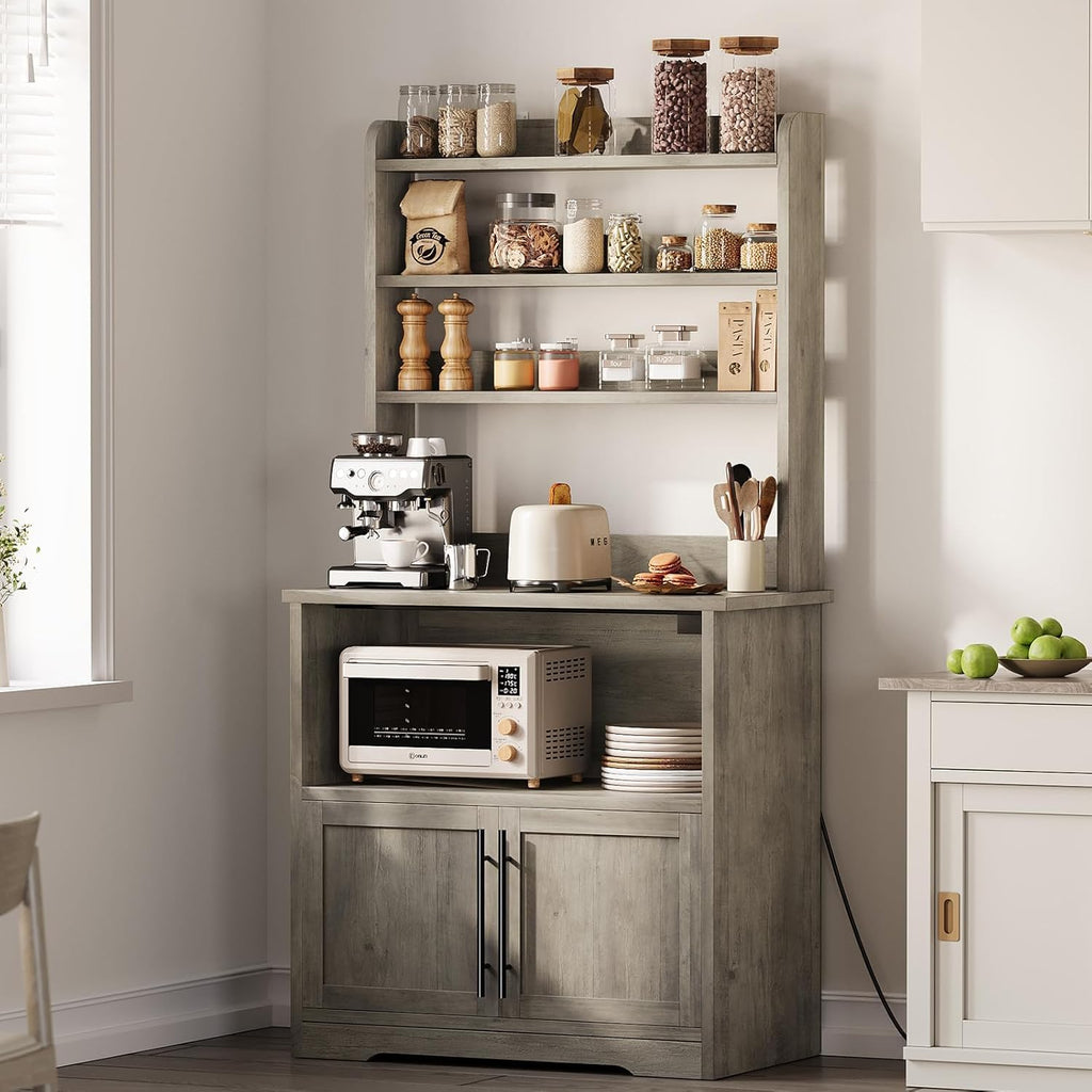 Tall Large Storage Cabinet Kitchen Microwave Stand with Storage, 4-Tier Bakers Rack with Power Outlet, Cupboard, Floor Cabinet for Living Room, Rustic Gray,