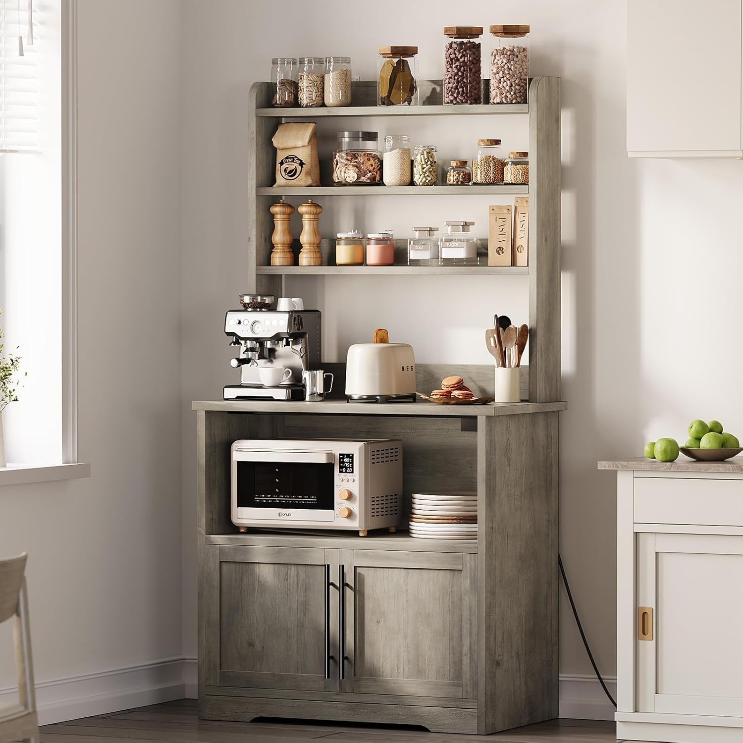 Tall Large Storage Cabinet Kitchen Microwave Stand with Storage, 4-Tier Bakers Rack with Power Outlet, Cupboard, Floor Cabinet for Living Room, Rustic Gray,