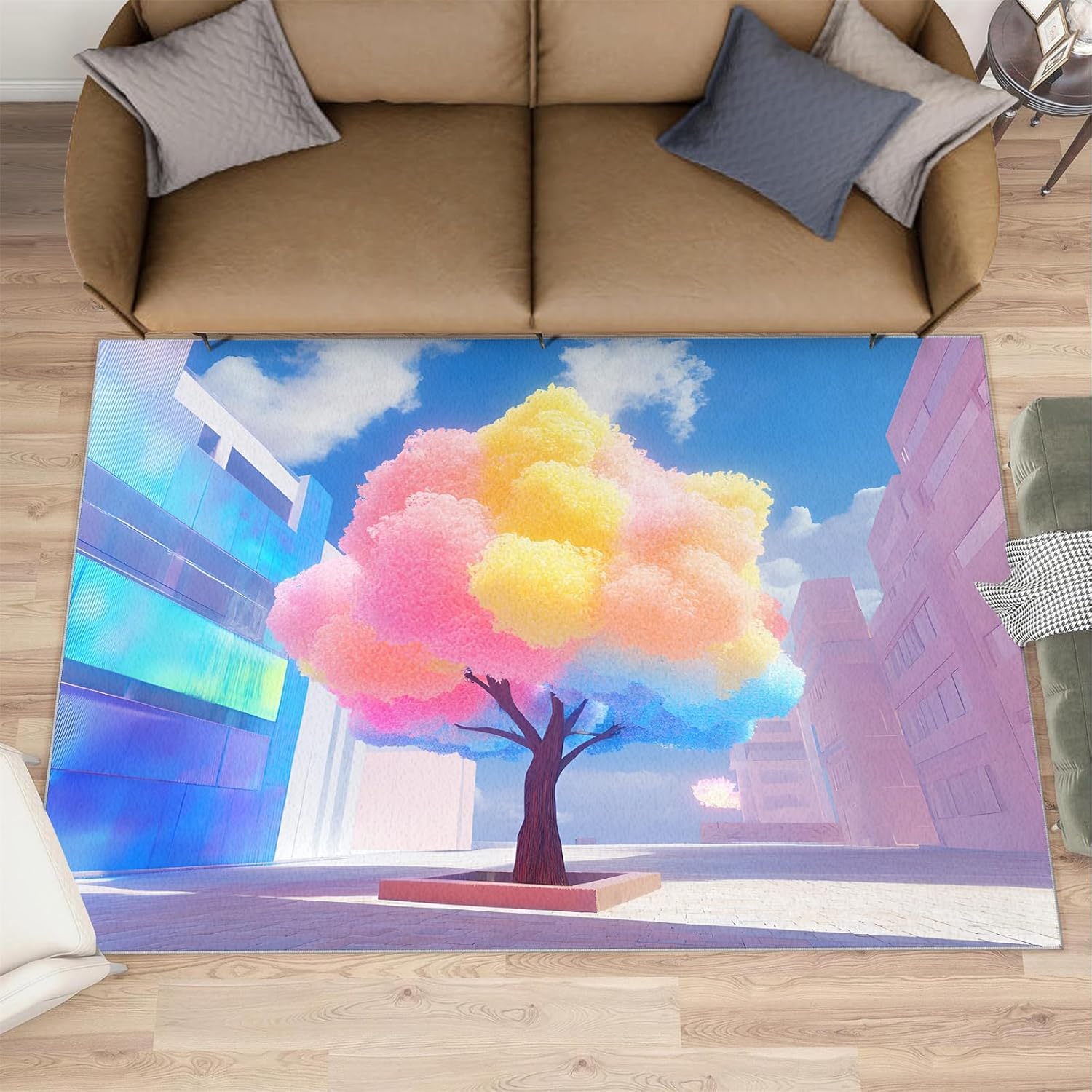 6x8 Dream City Area Rug - Fantasy Tree Scene Large Rugs for Living Room, City Square Carpet Area Rug for Girls Bedroom Kids Room Basement Office Classroom