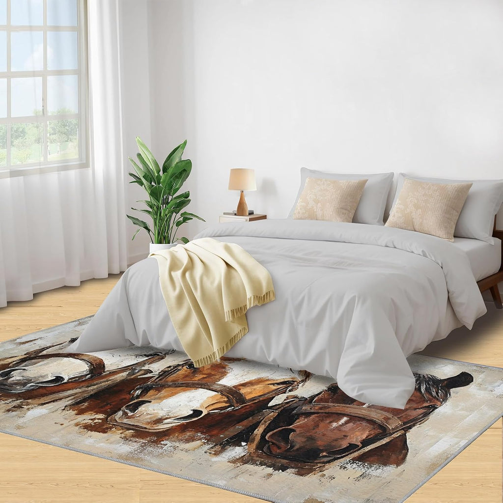 6x8 Horse Area Rug - Horse Head Large Rugs for Living Room, Vintage Animal Oil Painting Carpet Area Rug for Girls Bedroom Kids Room Basement Office Classroom