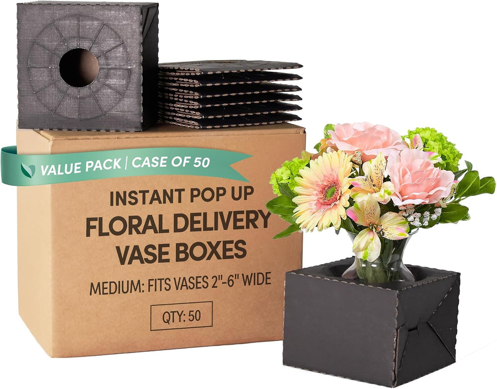 Holiday Designs - Pop-Up Florist Delivery Box, Heavy Duty Corrugated Cardboard Vase Boxes for Secure Floral Arrangements During Transport, 8 x 8 x 5 (Black, Large: Case of 50)