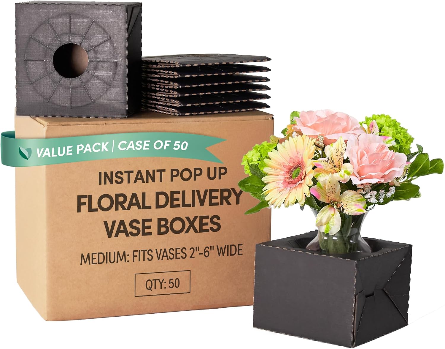 Holiday Designs - Pop-Up Florist Delivery Box, Heavy Duty Corrugated Cardboard Vase Boxes for Secure Floral Arrangements During Transport, 8 x 8 x 5 (Black, Large: Case of 50)