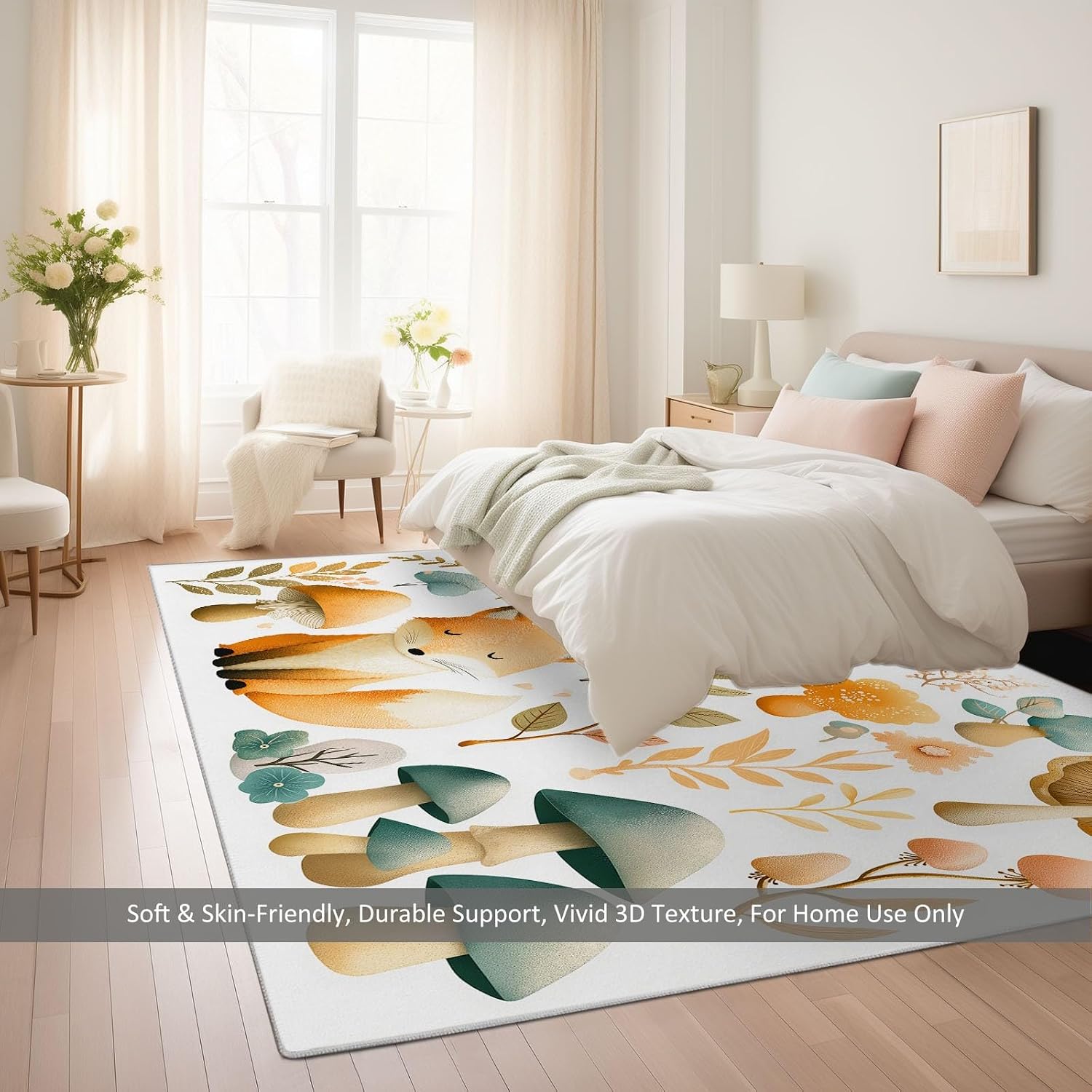 Indoor Non-Slip Area Rug 5 x 7 ft, Cartoon Style Washable Rug Watercolor Plants Animals Fox Low Pile Carpet for Living Room Entryway Kitchen Front Entrance Kids Room Door Mat Laundry