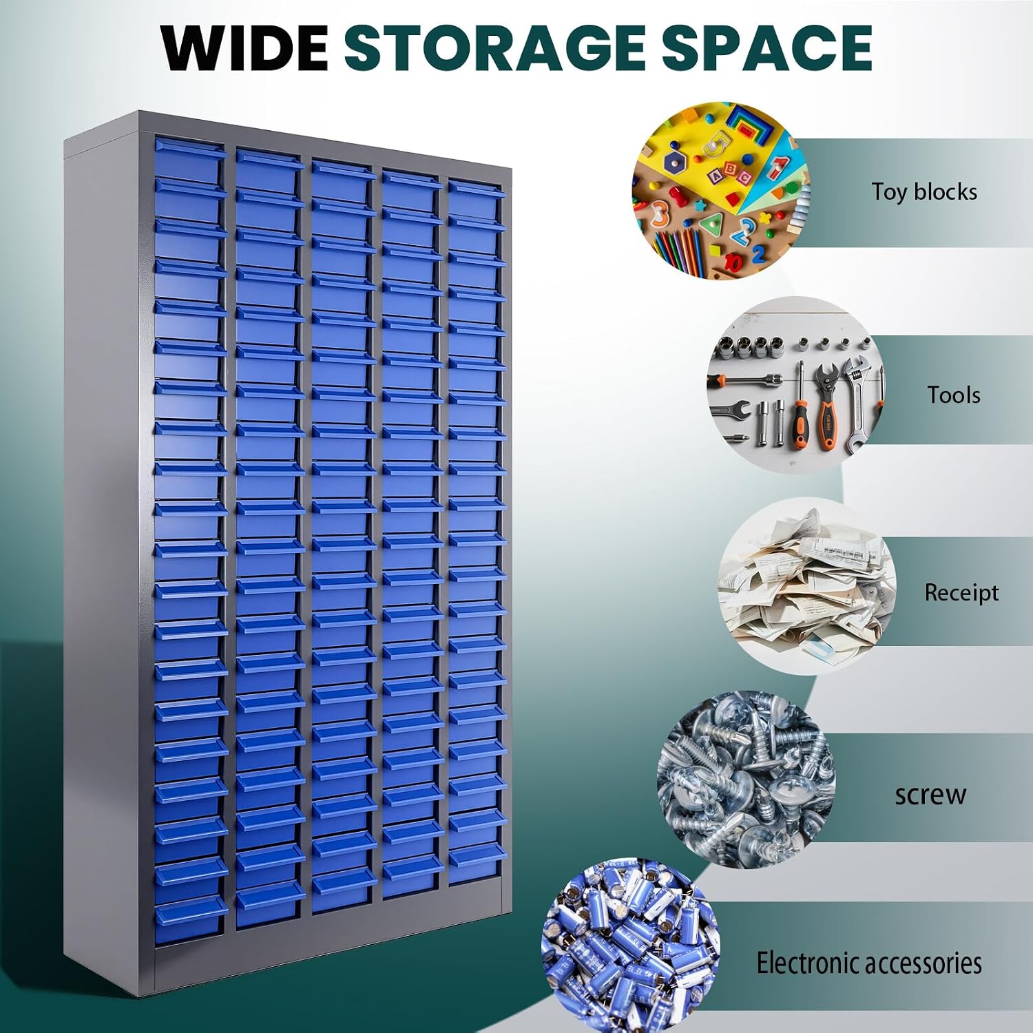 Parts Cabinet 100 Drawers with Dividers and Labels,Stainless Steel Bolt Box Organizer,ABS Material Drawer,26' x 8.66' x 46' Nuts and Bolts Organizer for Store, Toys, Parts,Screws (Classic 100 Drawers)