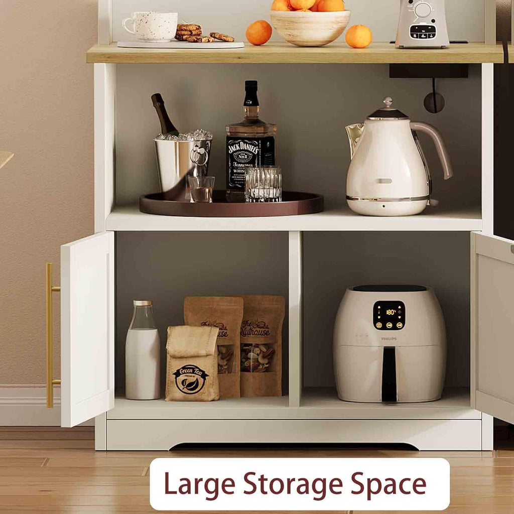 TrailBlaze Microwave Stand with Storage Cabinet, Bakers Rack with Power Outlet and Shelves, Farmhouse Floor Hutch Door Thickened Counter, Storage Shelf Coffee Bar for Kitchen, Dining Room, White