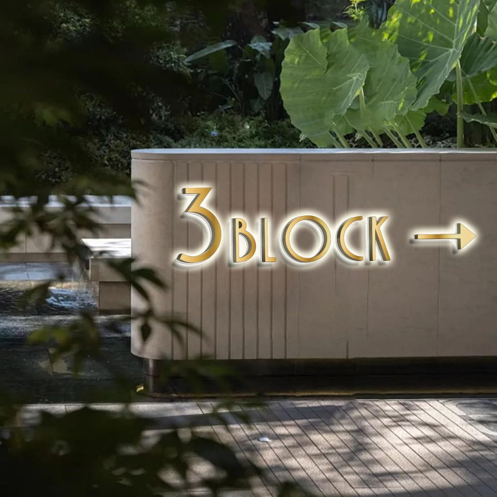 Stylish Brushed Gold Lighted Address Signs, Backlit LED Illuminated Home Address Number, Lighted House Number For Outside Garden, Modern Metal Lighted Address Numbers