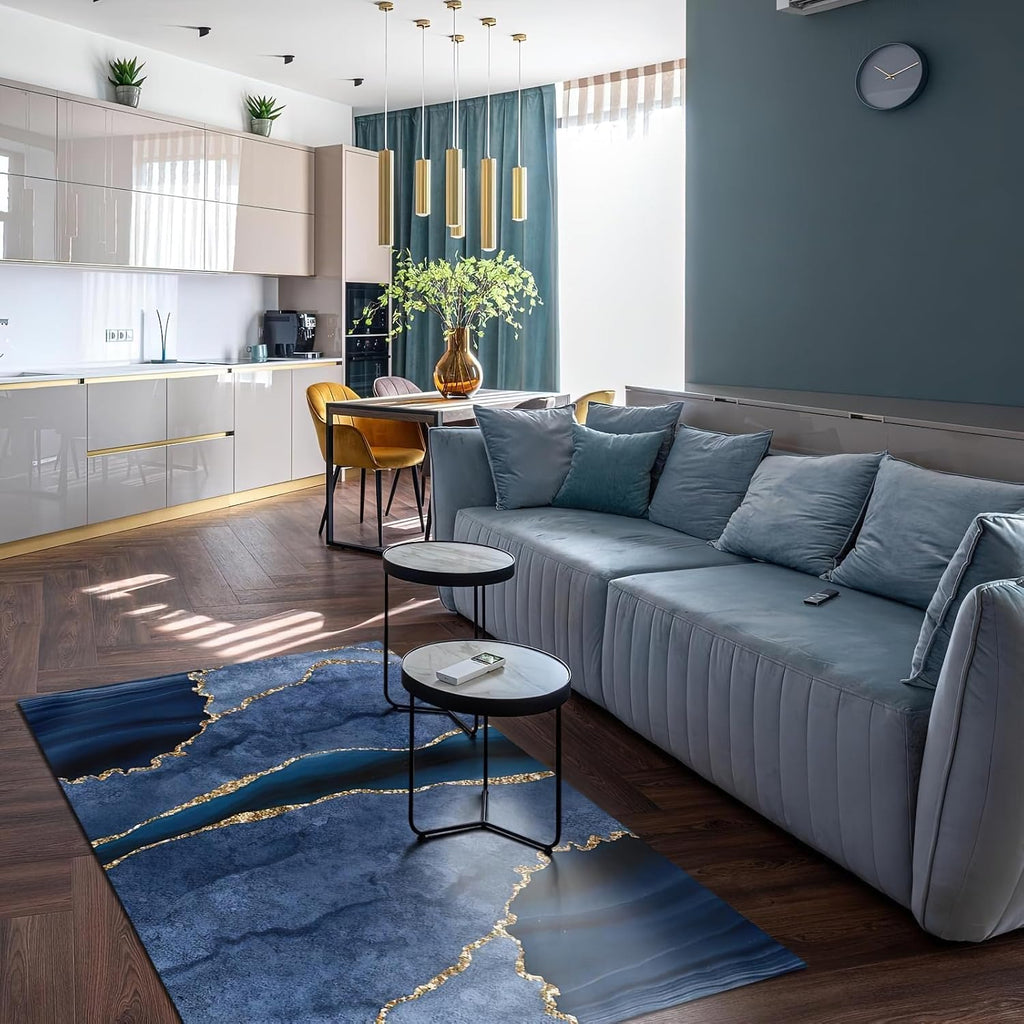 6x8 Rug Luxury Dark Blue Marble Soft Washable Carpet, Abstract Gold Line Texture Upholstery Rug with Non-Slip Backing for Kids Boys Girls Bedroom Living Room Dining Room Study