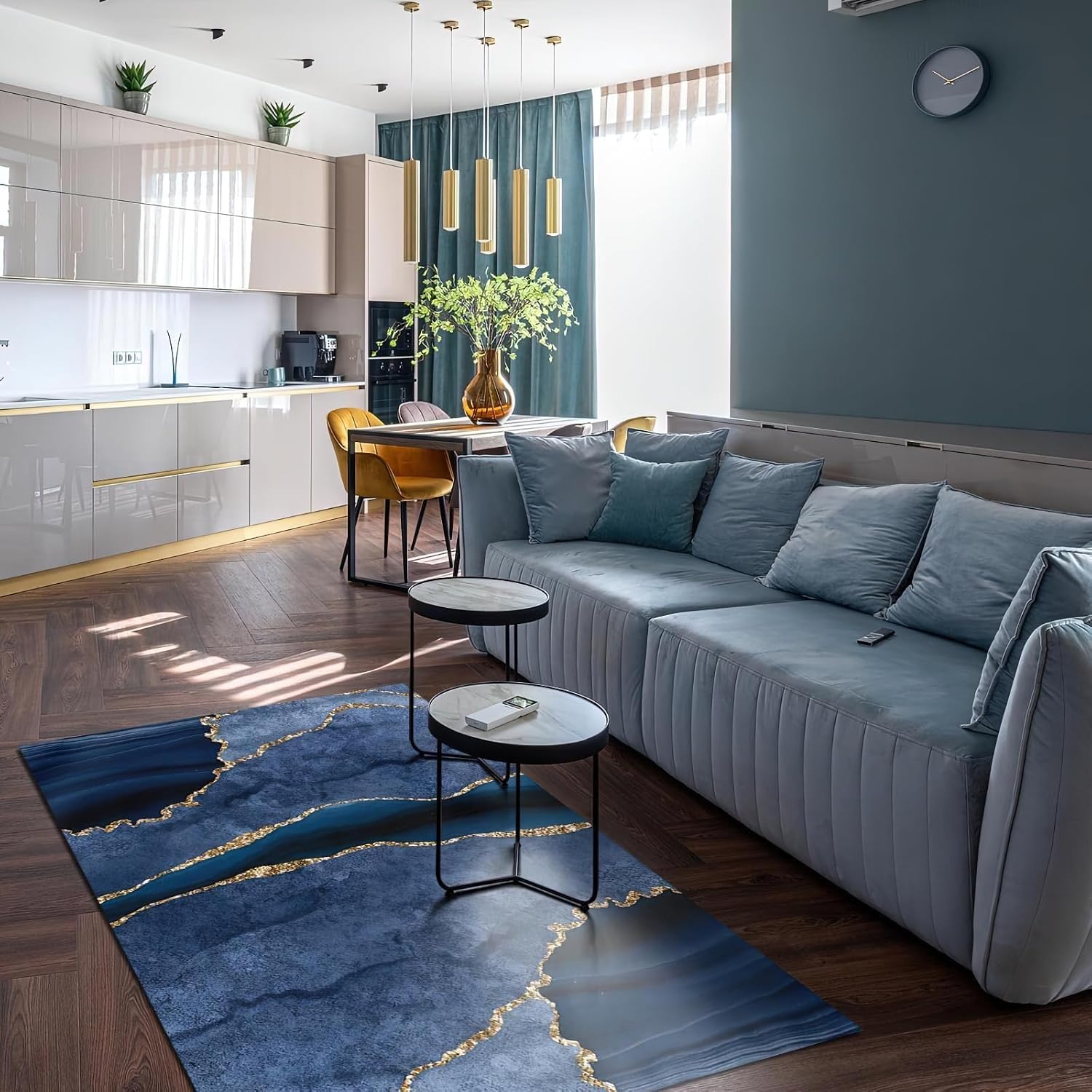6x8 Rug Luxury Dark Blue Marble Soft Washable Carpet, Abstract Gold Line Texture Upholstery Rug with Non-Slip Backing for Kids Boys Girls Bedroom Living Room Dining Room Study