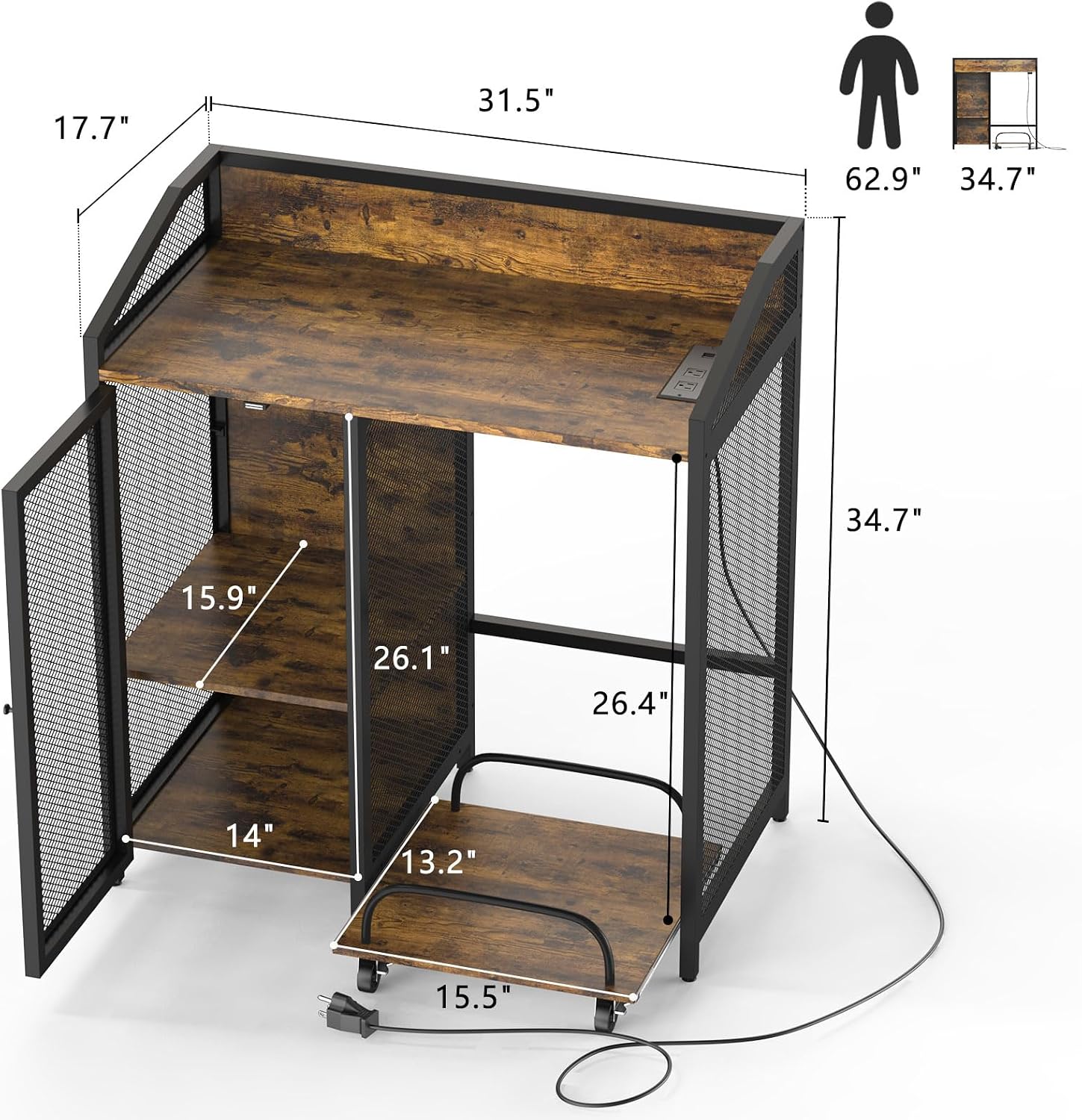 EasyCom Printer Stand with Charging Station and Paper Shredder Stand – 3 Tier Lateral Printer Table with Open Storage Shelves- Printer Shelf for Office Home Use with Adjustable Shelves and Mesh Door