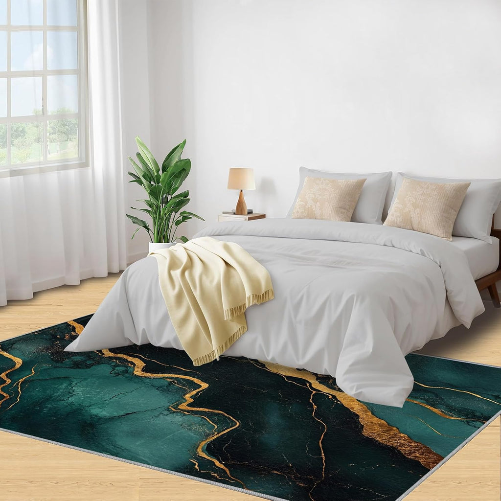 Emerald Green Marble Rug 6x8-6x8 Rug, Emerald Green Gold Area Rugs for Bedroom, Abstract Texture Rugs for Living Room, Luxury Washable Carpet, Marble Home Decor & Gifts