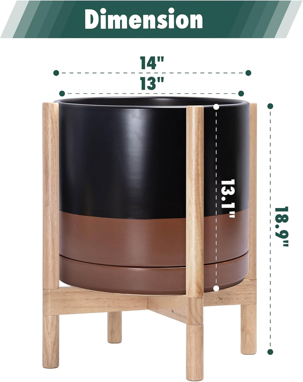 D'vine Dev Ceramic Planter with Natural Stand - 14 Inch Modern Round Flower Pot with Wood Planter Holder, Black/Speckled Tan, 55-B-R-7