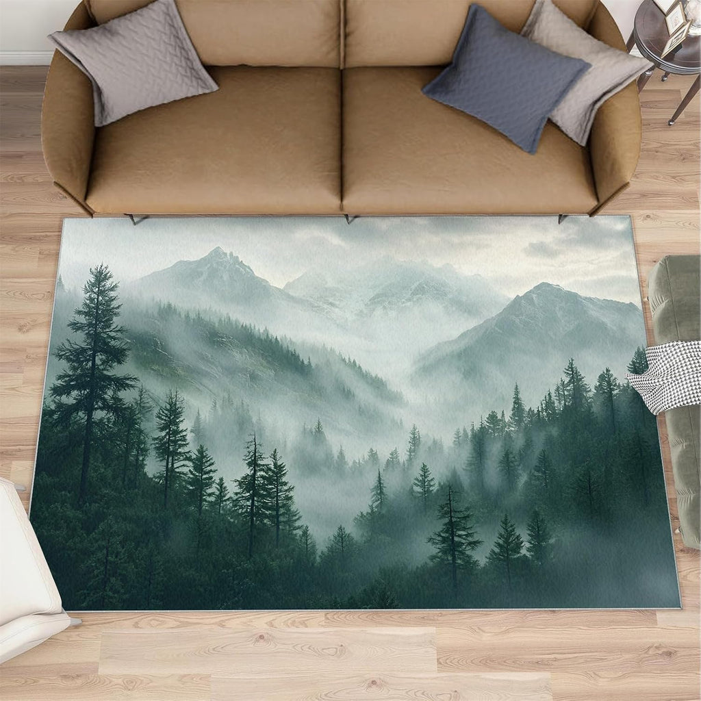 Misty Forest Area Rug Large - 6x8 Rug, Smoky Mountain Rugs for Living Room, Woodland Area Rugs for Bedroom, Scenery Carpet, Washable Carpet, Forest Home Decor & Gifts