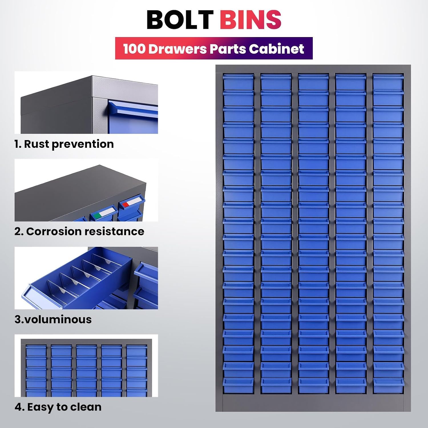 Alloy Steel Nuts and Bolts Organizers and Storage , 8.66'D x 25.8'W x 35.4'H, ABS Material Drawer Parts Cabinet with Labels and Dividers, Small Parts Organizer for Workshop, Office，Home (100 Drawers)