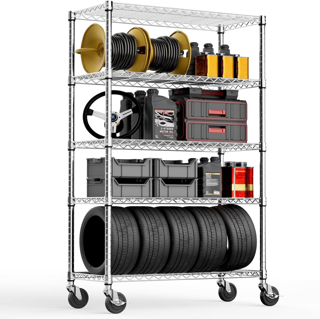 M MZG 5-Shelf Storage Shelves,Wire Shelving Heavy Duty Metal Storage Shelving Unit Adjustable Garage Shelving Rack Pantry Kitchen (Chrome, 5 Tier,17.7' D x 47.2' W x 76.7' H)