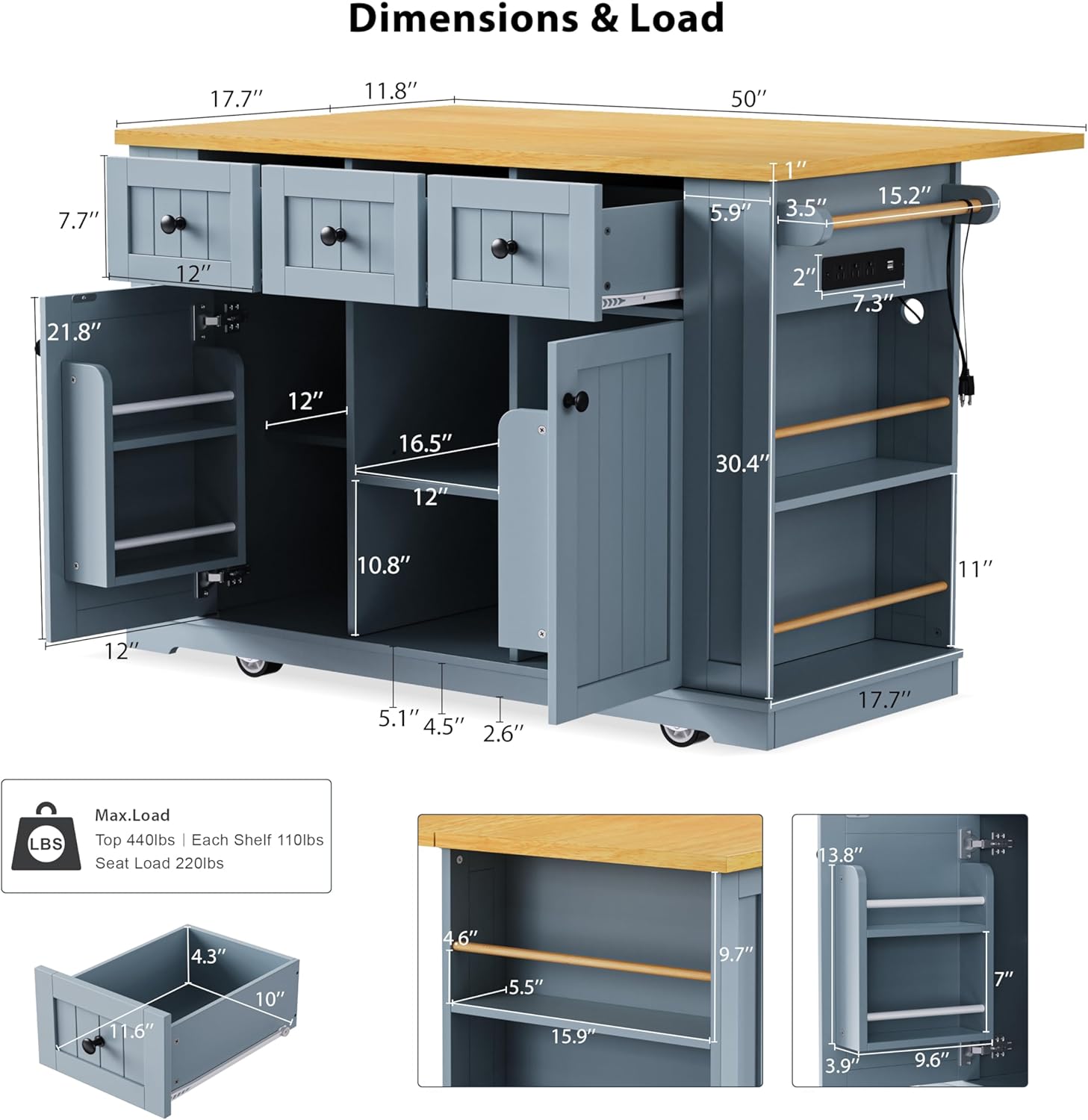 Kitchen Storage Island on Wheels with Drop Leaf & Power Outlet, Rolling Kitchen Island Cart with Open Side Racks, Door Shelves and Towel Bar, 53-Inch, Gray Blue