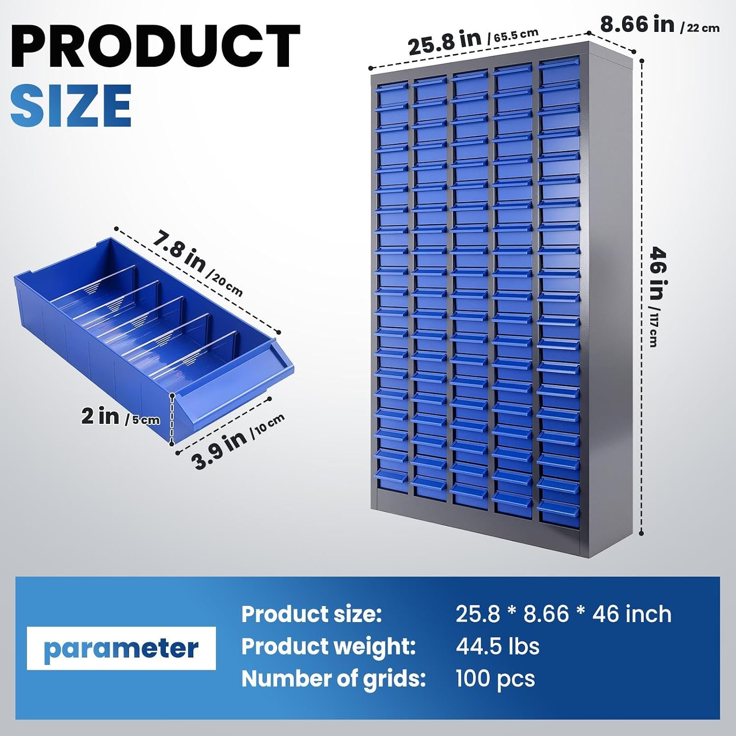 Bolt and Nut Organizer 46x25.8x8.66 in, 100-Drawer Heavy-Duty Parts Storage Cabinet, Opaque ABS Plastic Industrial Organizer with Labels for Garage Workshop Toolbox