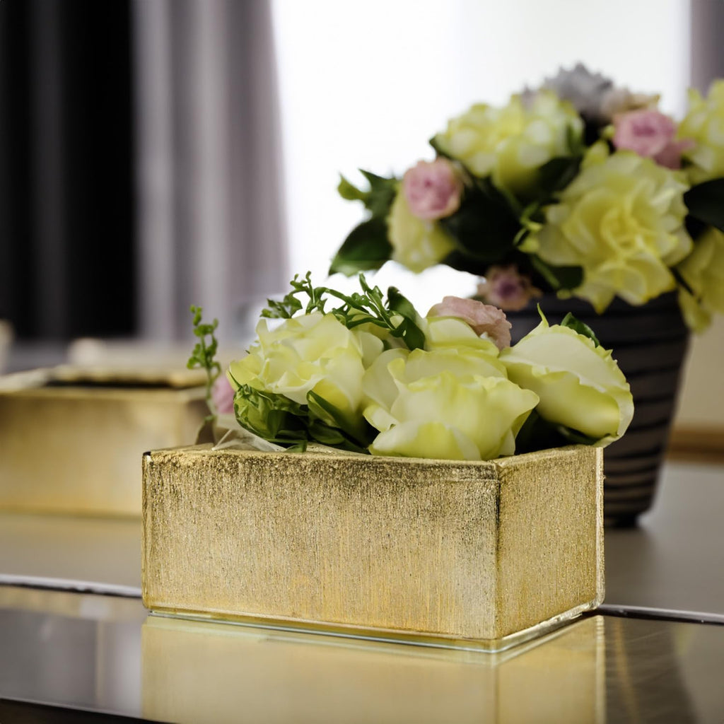 WGVI Long Rectangle Ceramic Planter Vase in Gold Etched 12' x 4' x 4'H, Block Rectangular Terrarium Box Pot, Flower Arrangement, Table top Centerpiece, Home Decor Storage Container, Bulk, 6 Pcs.