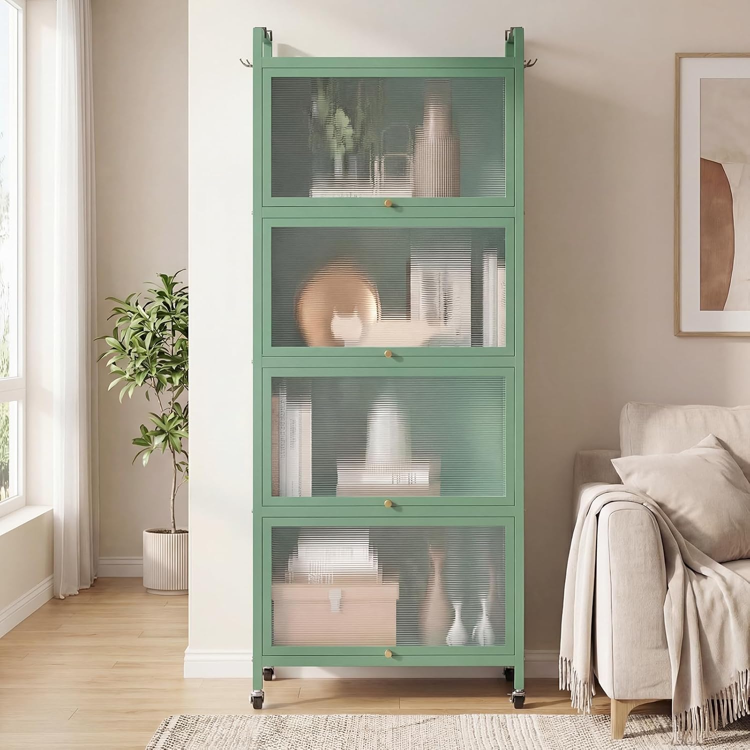 LDAILY 5-Tier Kitchen Storage Cabinet, Mobile Microwave Stand with Metal Frame, Double Anti-toppling Device, 4 Rolling Casters, Freestanding Bakers Rack for Kitchen, Dining Room, Living Room (Green)