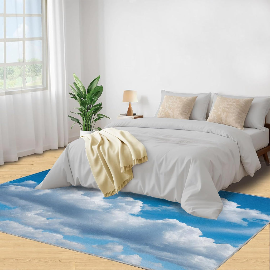 Blue Sky Rugs for Bedroom, White Clouds Rug 6x8, Natural Scenery Dining Room Rugs Washable & Non Slip Large Carpet for Home Decor