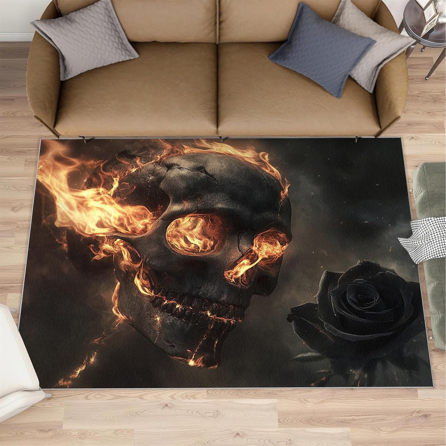 Flaming Skull Rug 6x8 - Horror Skull Large Rugs for Living Room, Demon Skeleton Carpet Area Rug for Girls Bedroom Kids Room Basement Office Classroom