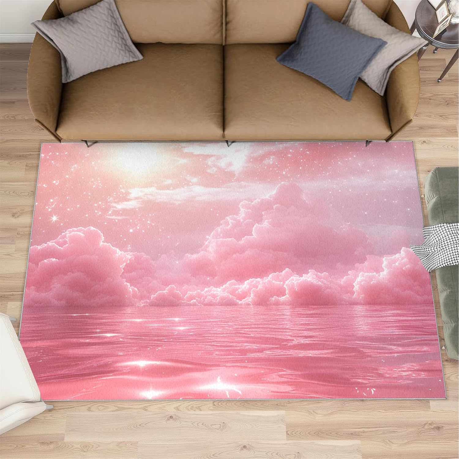 Clouds Rugs for Living Room 6x8 Rug, Pink Clouds Area Rug, Dreamlike Sky Rugs, Large Machine Washable Rug, Non-Slip Floor Carpet for Bedroom Kids Room Home Decor