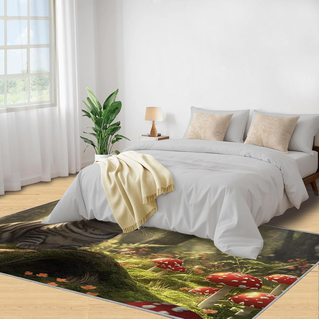 Cat Rug 6x8-6x8 Rug, Mushroom Area Rugs for Bedroom, Nature Landscape Rugs for Living Room, Forest Washable Carpet, Cat Home Decor & Gifts