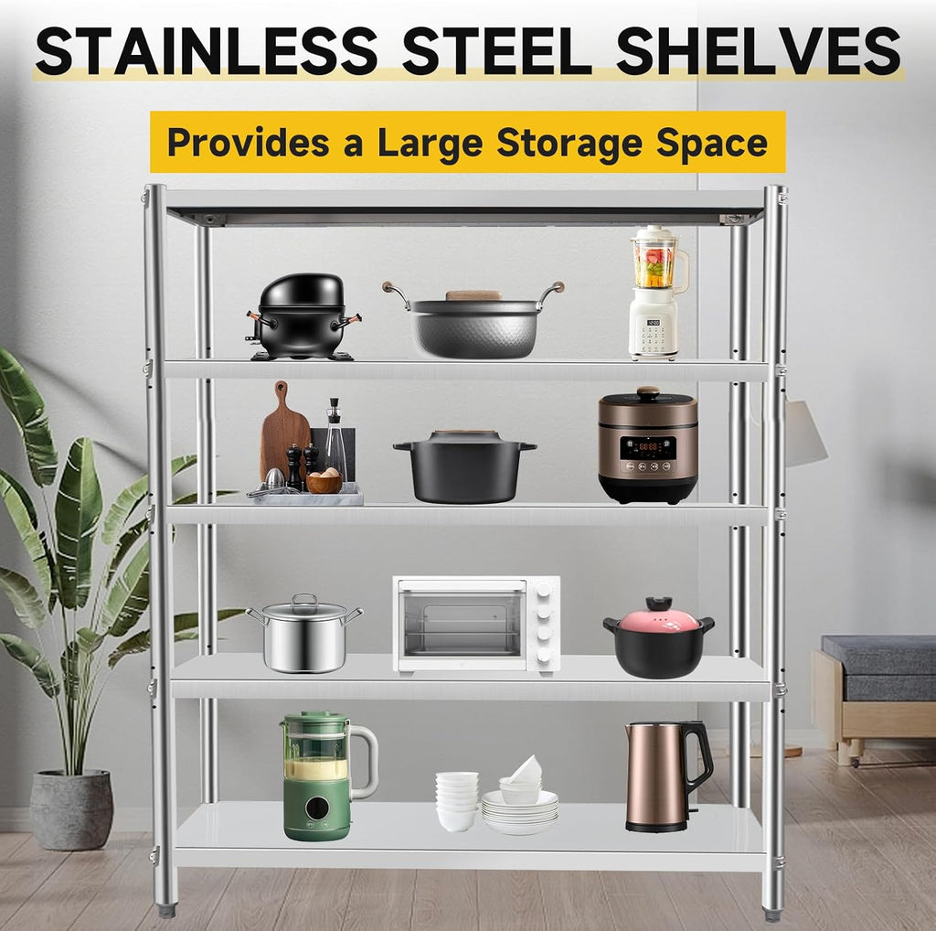 Stainless Steel Shelves 60x18x70 Inch Storage Rack 5 Tier Shelving Units and Storage Adjustable Stainless Steel Rack Shelving, Storage Shelves for Kitchen Commercial Office