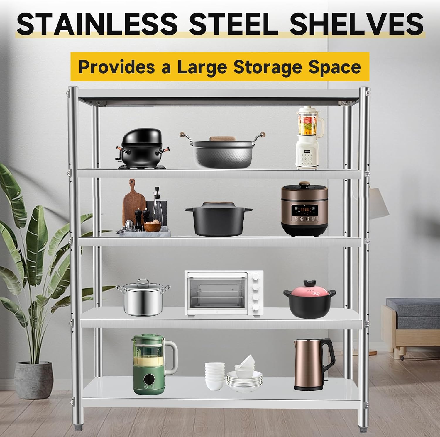 Stainless Steel Shelves 60x18x70 Inch Storage Rack 5 Tier Shelving Units and Storage Adjustable Stainless Steel Rack Shelving, Storage Shelves for Kitchen Commercial Office