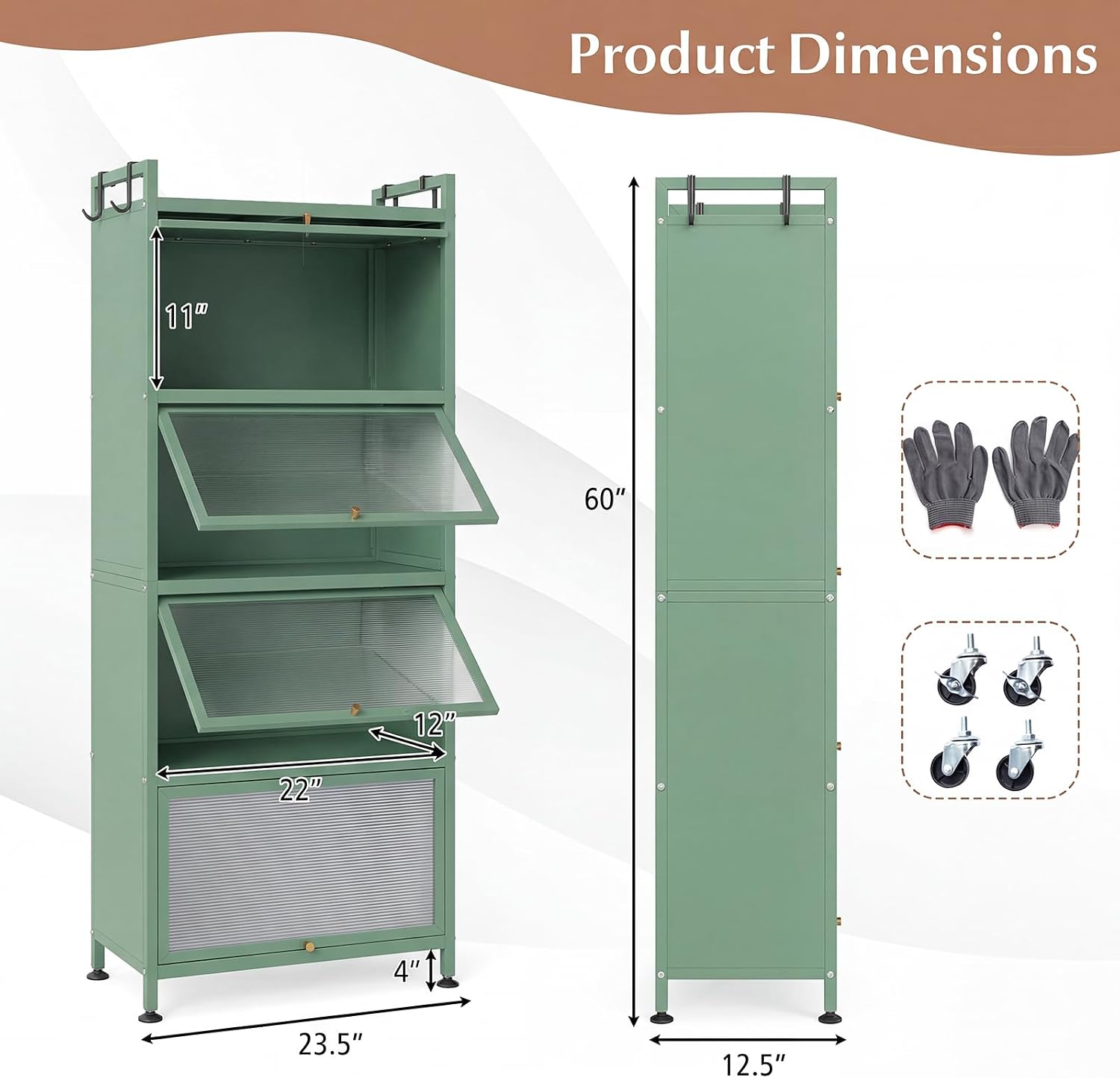 LDAILY 5-Tier Kitchen Storage Cabinet, Mobile Microwave Stand with Metal Frame, Double Anti-toppling Device, 4 Rolling Casters, Freestanding Bakers Rack for Kitchen, Dining Room, Living Room (Green)