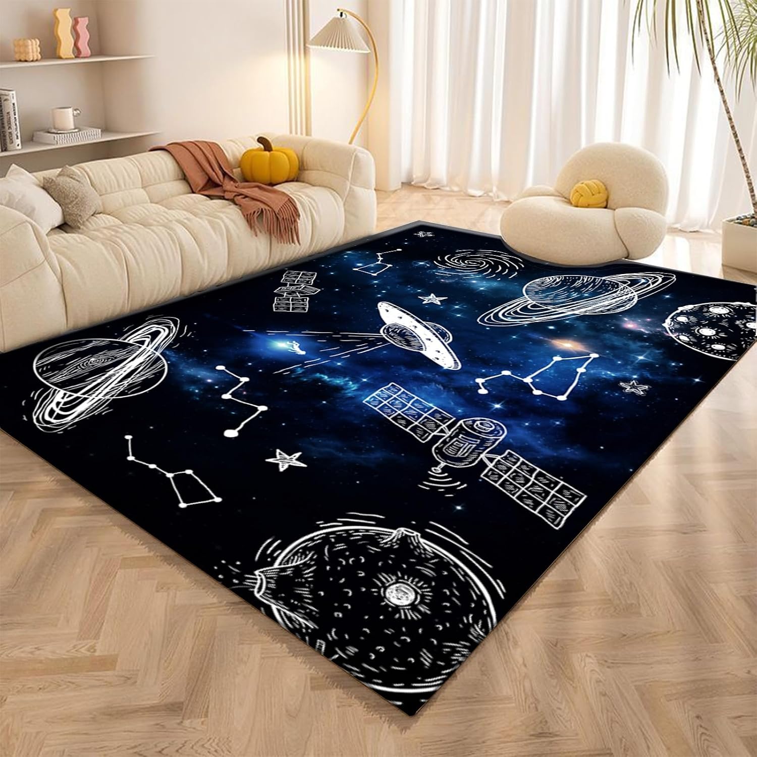 Space Rugs for Bedrooms, 6x8ft, Solar System Galaxy Night Indoor Throw Carpet, Machine Washable Science Rug for Classrooms, Soft Anti-Slip Noise Reduction Throw Rugs for Hallway Floors