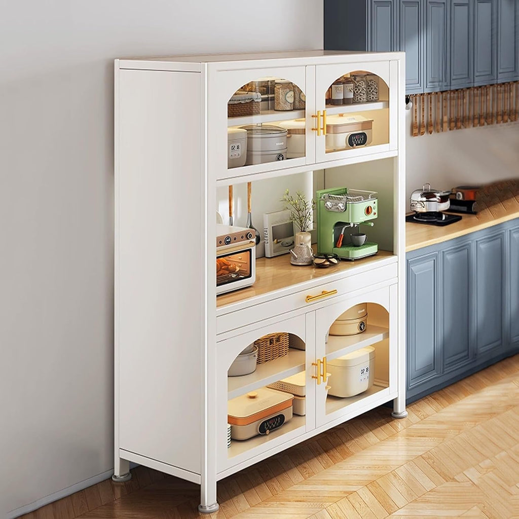 Kitchen Bakers Rack with Storage, Standing Kitchen Storage Rack with Drawer, Microwave Stand with 3 Hooks, Large Capacity(White,100cm)