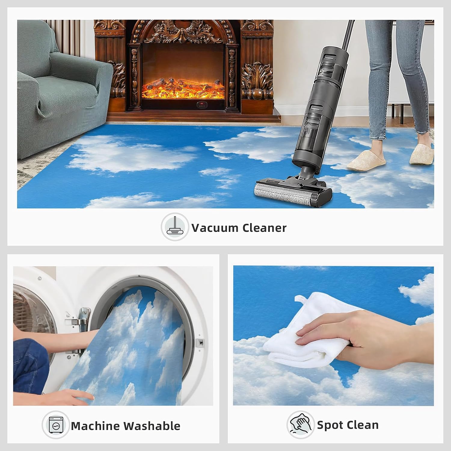 White Clouds Rug 6x8-6x8 Rug, Blue Sky Area Rugs for Bedroom, Clouds Rugs for Living Room, Landscape Carpet, Washable Carpet, Blue Sky Home Decor & Gifts