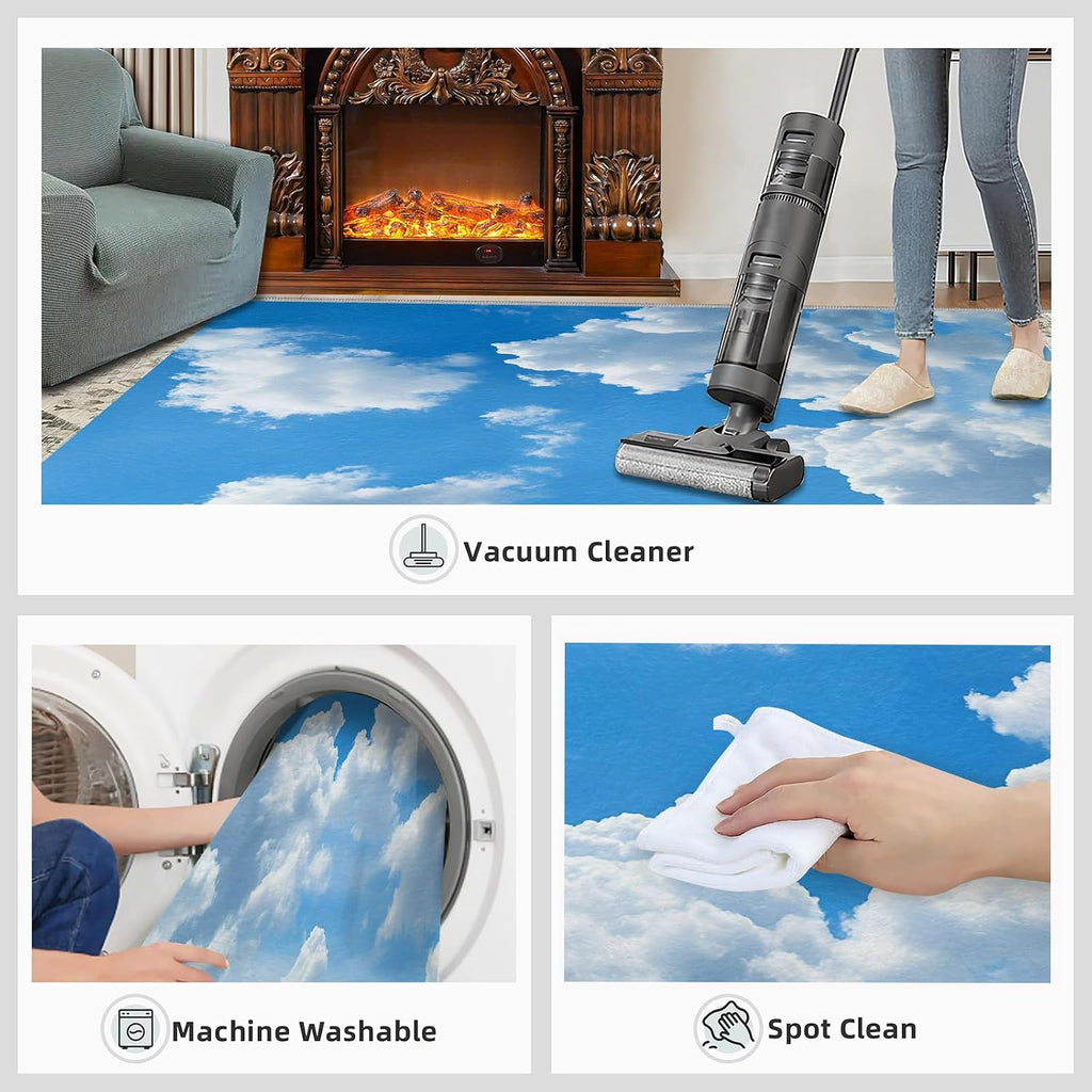 Blue Sky Rug 6x8, White Clouds Area Rug, Sky Rugs for Living Room, Washable Rugs for Bedroom, Non Slip Low Pile Floor Mats