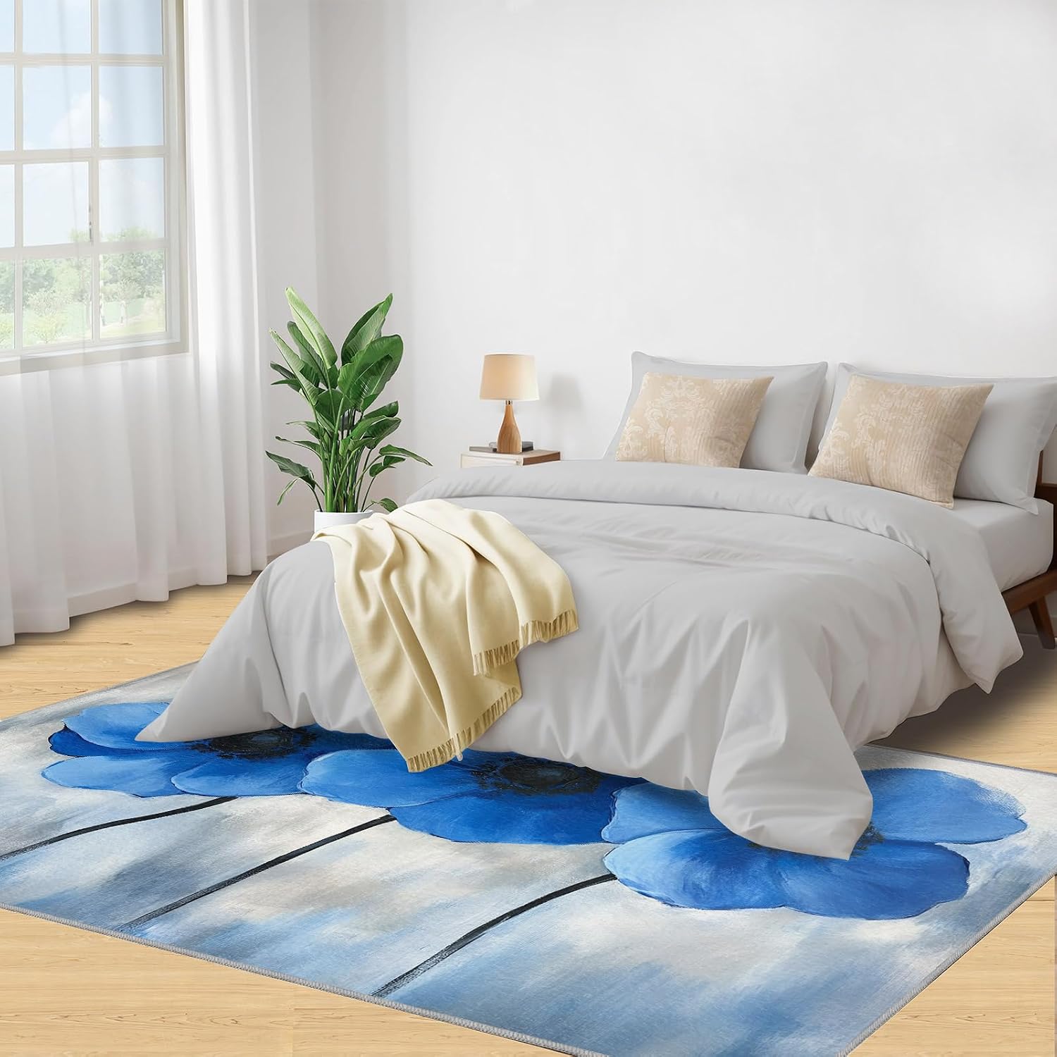 Watercolor Floral Rug 6x8-6x8 Rug, Blue Flower Area Rugs for Living Room, Modern Rugs for Bedroom, Aesthetic Non-Slip Mat, Floral Home Decor & Gifts