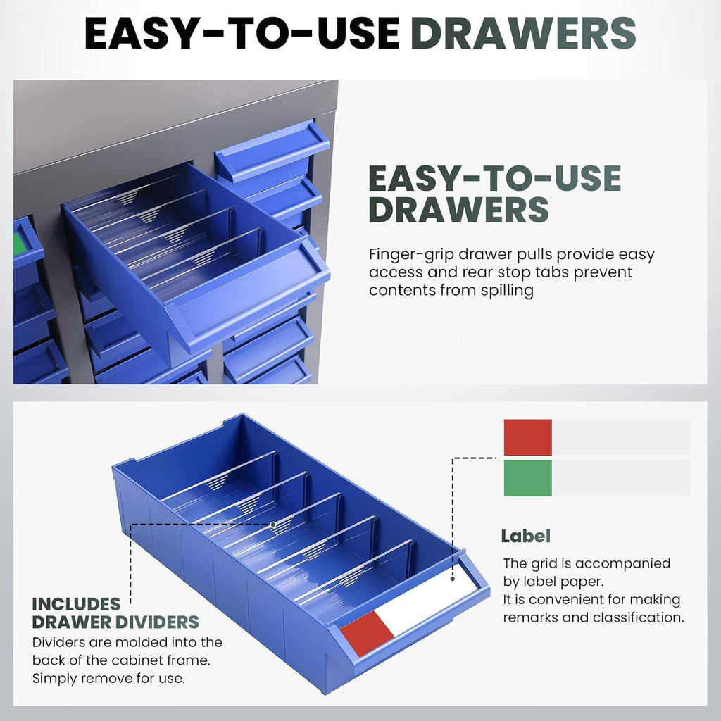 100 Drawers Parts Cabinet, (25.8'×8.66'×35.4') Nut and Bolt Organizer with Adjustable Dividers, Cold-Rolled Steel Frame & ABS Drawers, Label Slots for Workshop, Garage (100 Drawer)