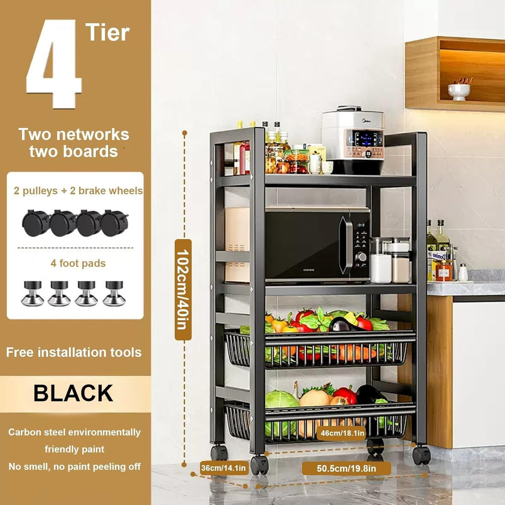 Heavy Duty Rolling Kitchen Microwave CartVersatile Bakers Rack with Storage Metal Shelves & WheelsIdeal for Living Room Dining Room & Coffee BarFruit & Vegetable Basket Included