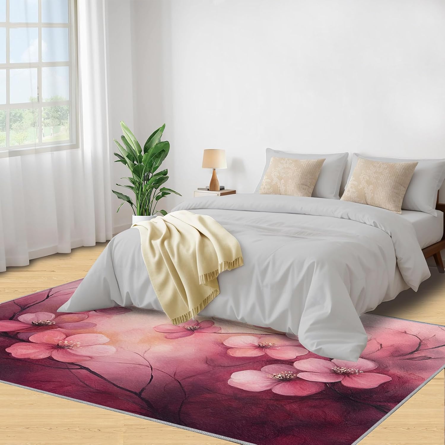 Cherry Blossoms Rug, Pink Flowers Rugs for Bedroom 5x7 Rug, Japanese Area Rug, Rugs for Living Room, Non Slip Washable Carpet for Kids Room Home Decor