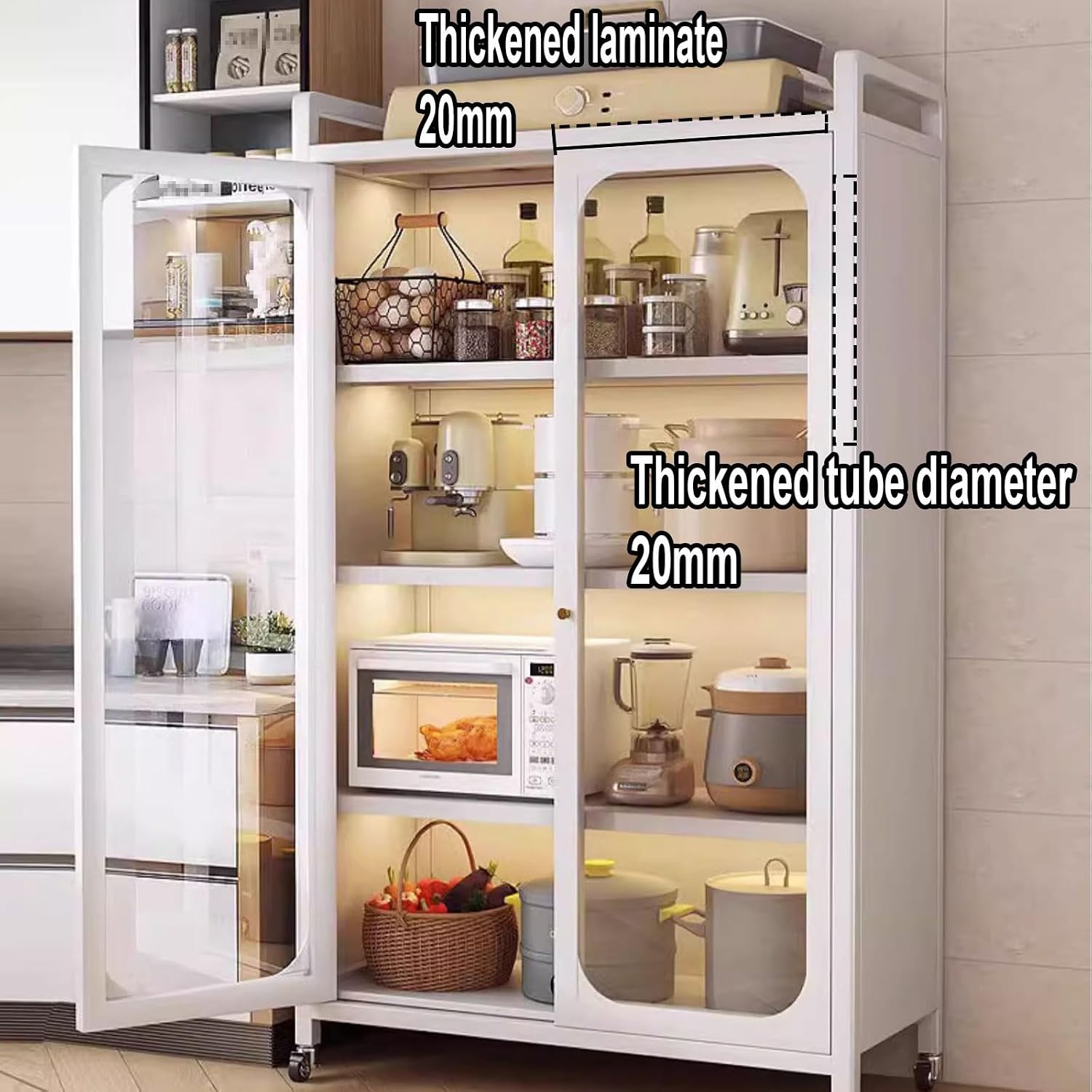 Microwave Cabinet with Storage 5-Tier Made of Carbon Steel Baker's Rack with Rolling Wheels and 6 Hooks Kitchen Shelves Freestanding for Spices(60 * 45 * 156CM)