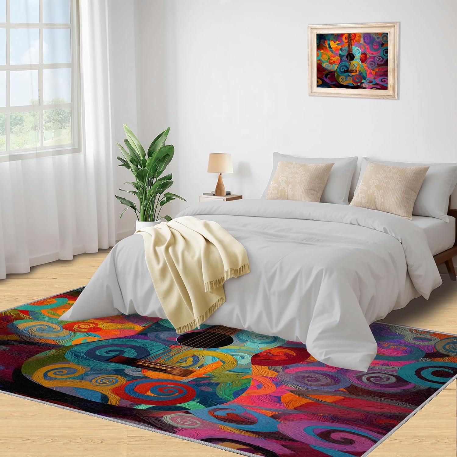 Guitar Rugs for Music Room - Boys Musical Rug, 6x8 Rug, Music Washable Rugs for Living Room Bedroom, Colored Swirl Area Rug, Rock and Roll Carpet - Home Decor, Electric Guitars Gifts for Men