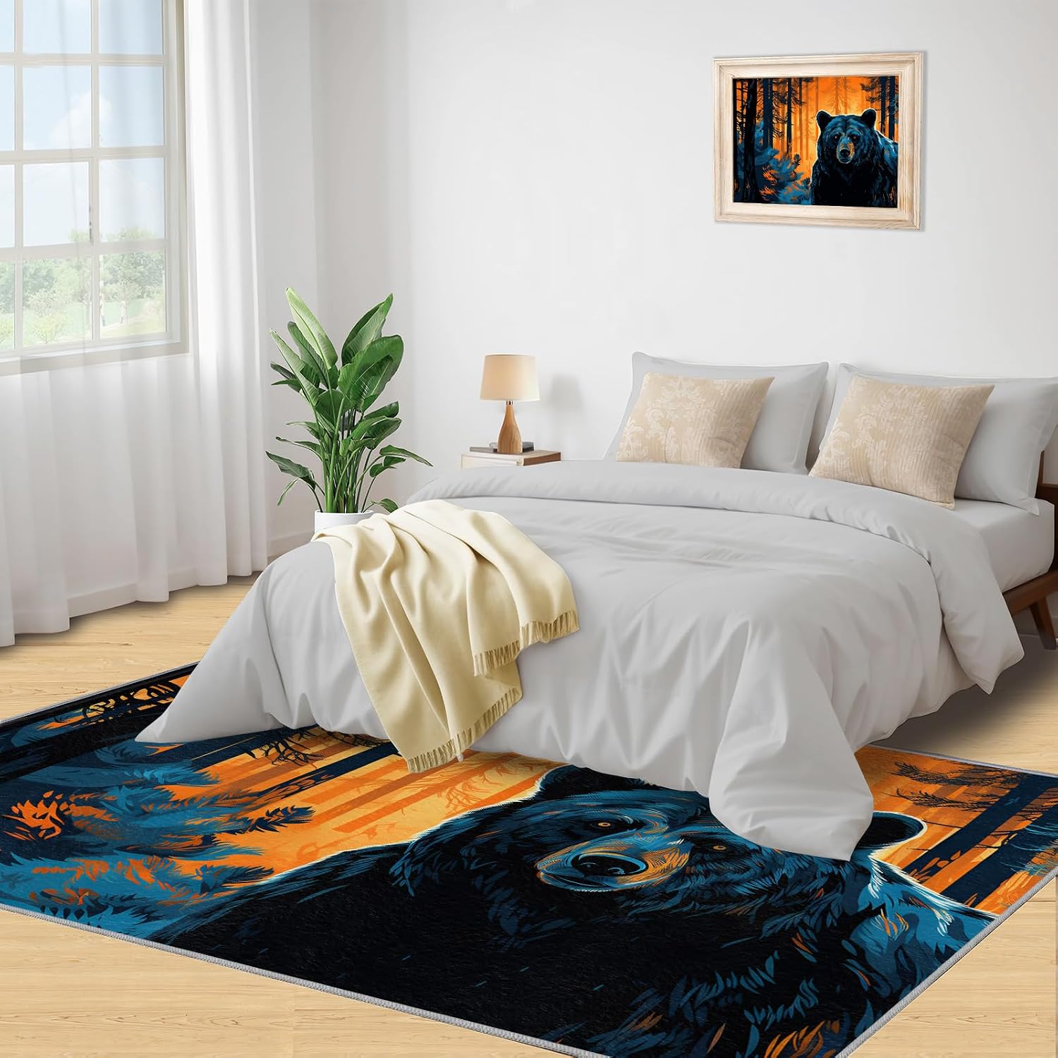 Black Bear Rug for Kids Room - 6x8 Large Rug, Forest Animal Rugs for Bedroom Flame Jungle Area Rugs for Living Room Home Decor Washable Rug