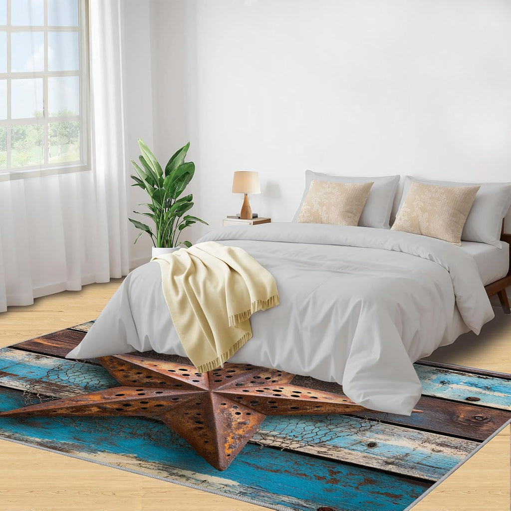 Western Texas Stars Rugs for Bedroom - 6x8 Rug, Rustic Vintage Area Rugs for Living Room, Farmhouse Carpet, Western Washable Mat, Texas Stars Home Decor & Gifts