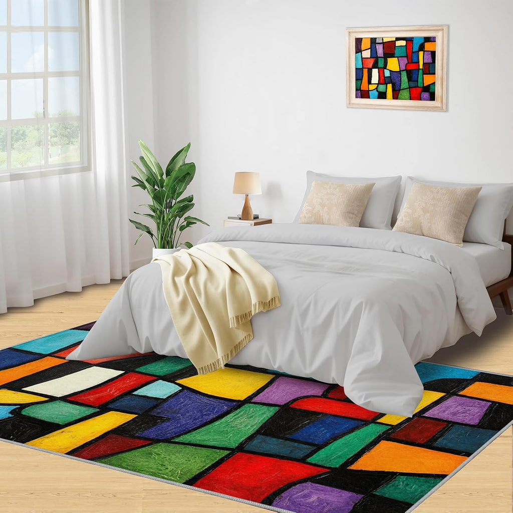 Colorful Geometry Area Rug, Geometric Color Blocks Rugs for Living Room, Low Pile Soft High Traffic Rugs for Bedroom Children's Room Dormitory Decor Floor Mat 6x8