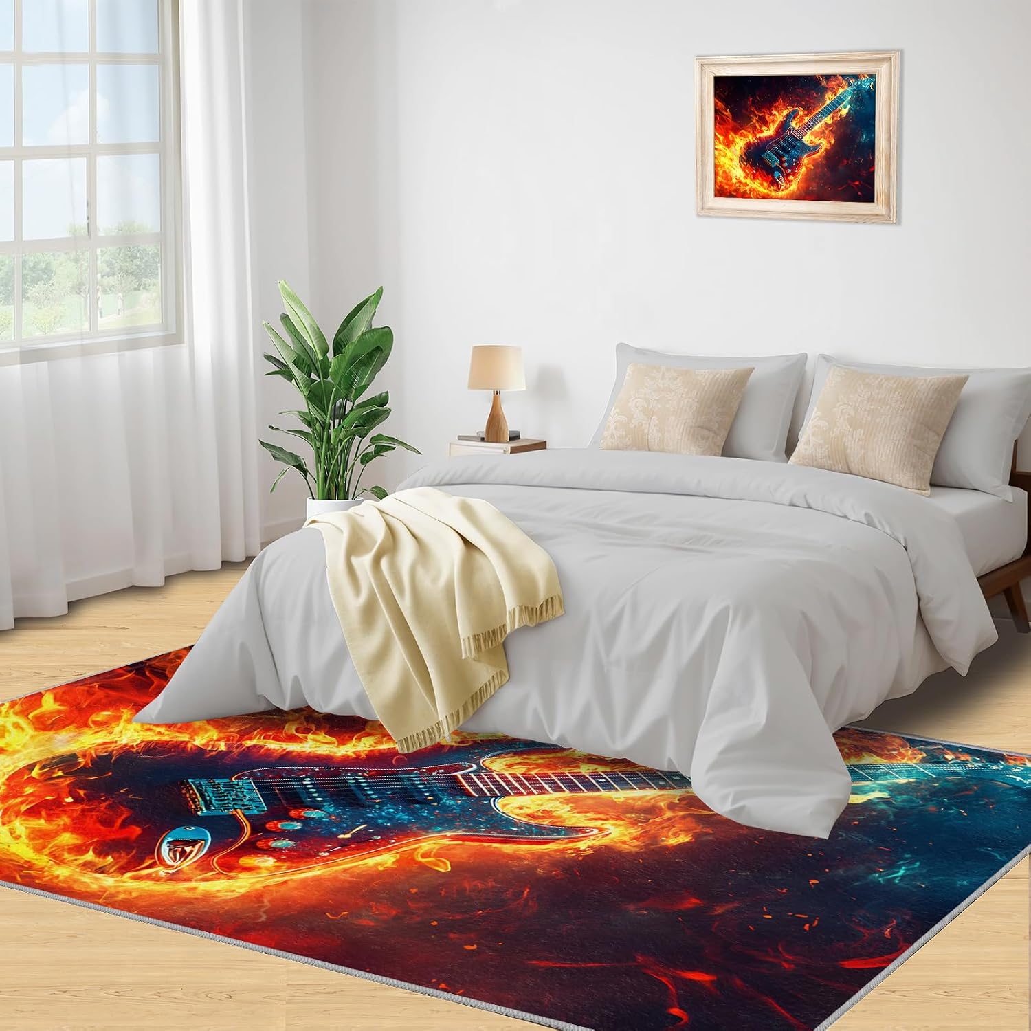 Guitar Living Room Rug, Flame Guitar Area Rug, Washable Bedroom Rugs for Children's Room Dormitory Decor Floor Mat 5x7