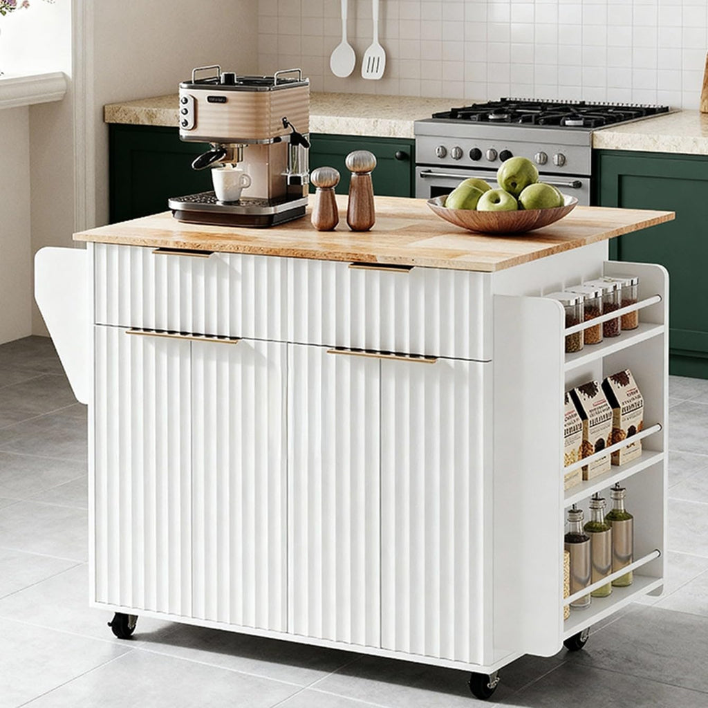 VINGLI Fluted Large Kitchen Island Cart with 2 Draws & 4 Doors, White | Drop-leaf Toptable, Adjuestable Shelves, Towel Bar, 3-tier Side Storage Rack, 360° Rolling Design