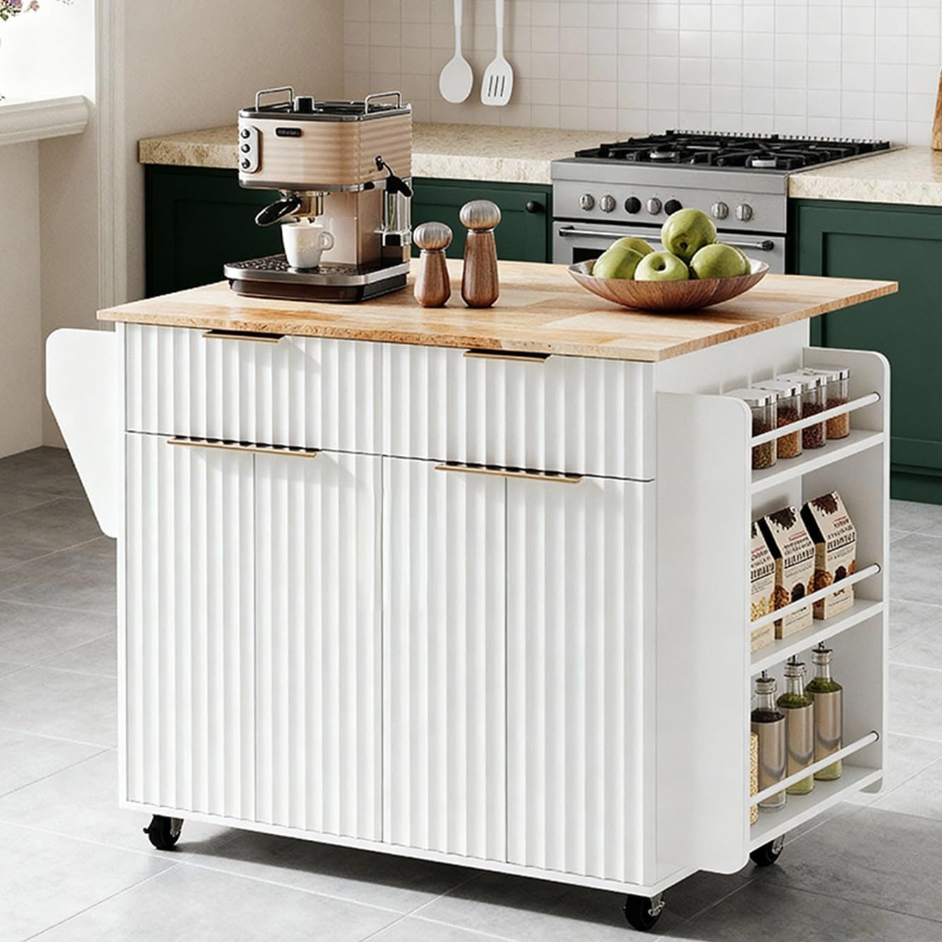 VINGLI Fluted Large Kitchen Island Cart with 2 Draws & 4 Doors, White | Drop-leaf Toptable, Adjuestable Shelves, Towel Bar, 3-tier Side Storage Rack, 360° Rolling Design