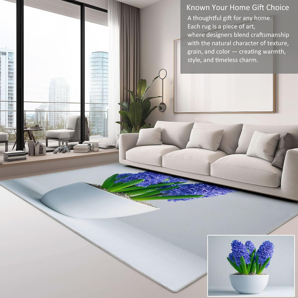 Plants Flowers Blue Hyacinth Living Room Rug 5' x 7' Area Rug, Washable Carpet Mat for Dining Room, Bedroom, Low Pile Non Slip Stain Resistance Indoor Modern Carpet
