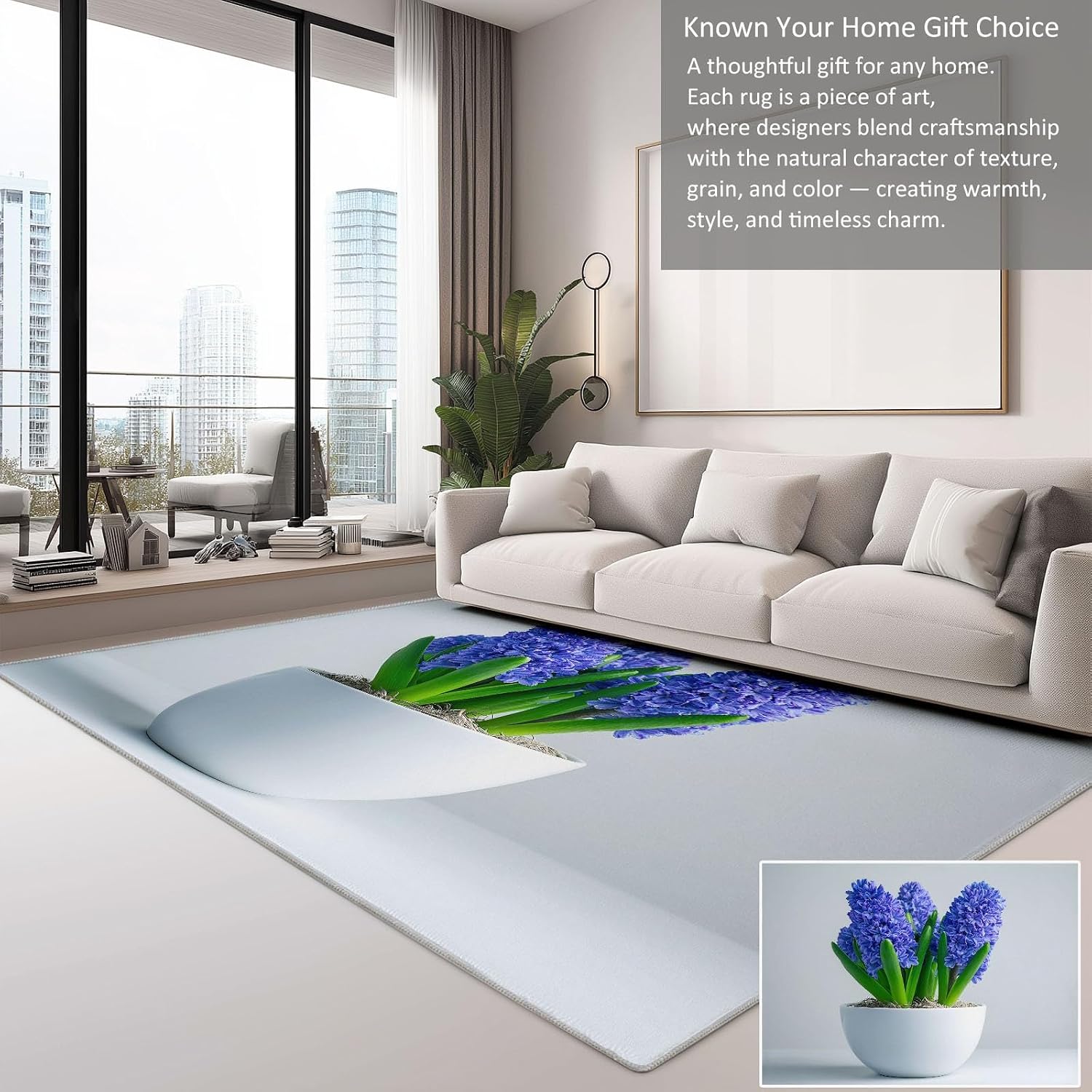 Plants Flowers Blue Hyacinth Living Room Rug 5' x 7' Area Rug, Washable Carpet Mat for Dining Room, Bedroom, Low Pile Non Slip Stain Resistance Indoor Modern Carpet